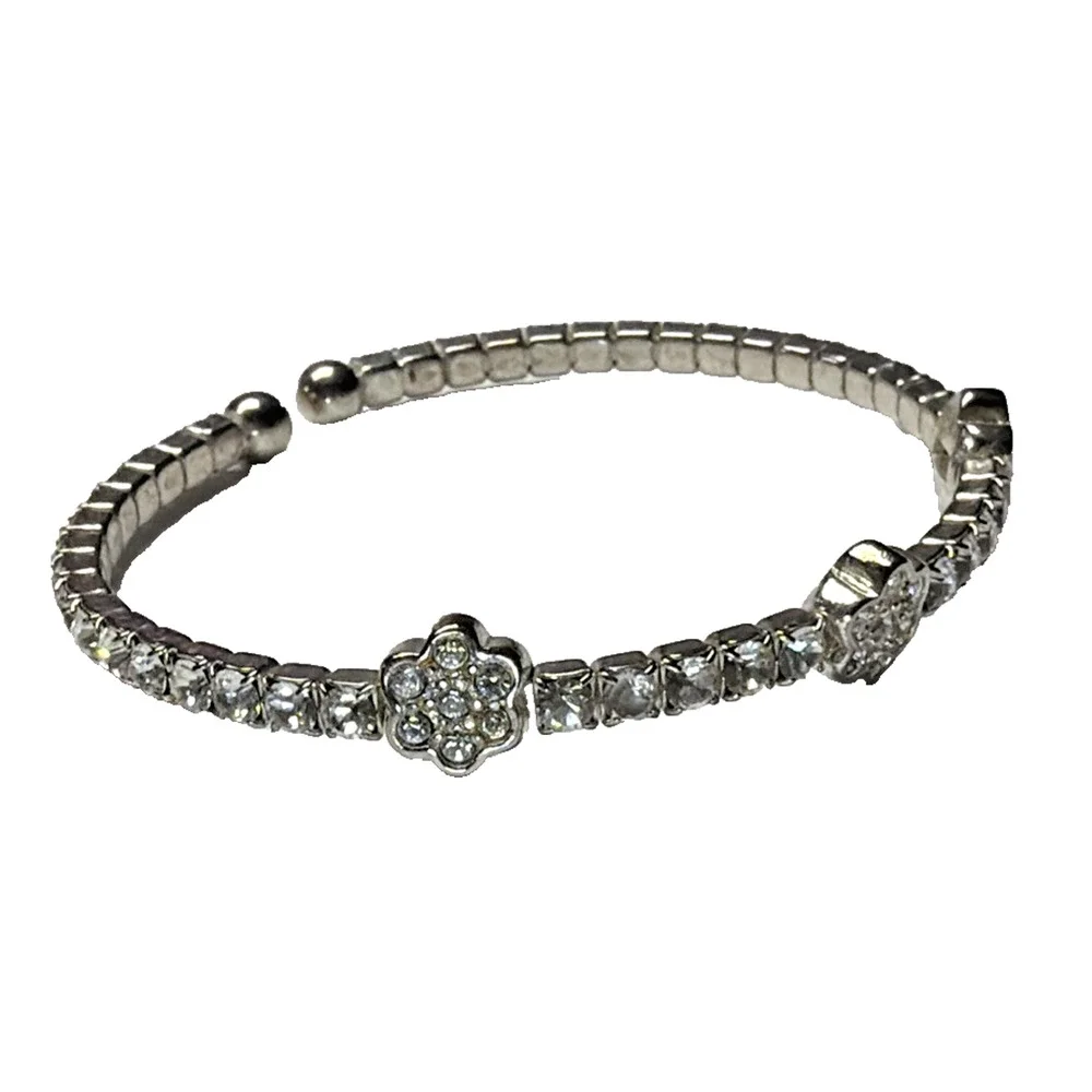 Vintage Clear Rhinestone Silver Cuff Bracelet Flower Clover